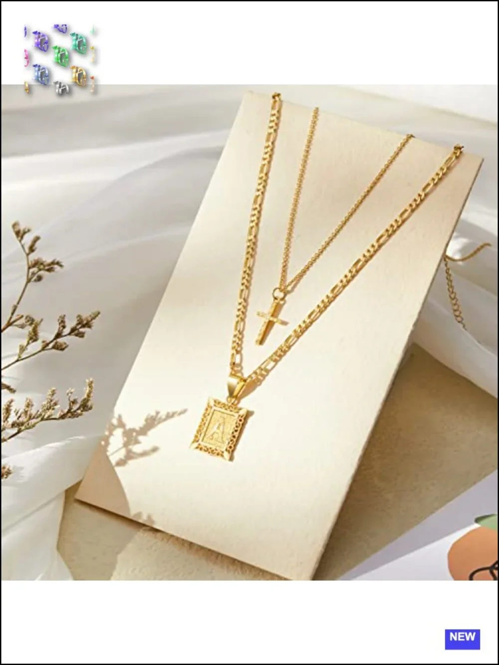 14k Gold Plated Stainless Steel Layered Initial Cross Pendant Necklace
